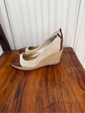 Bass Beige Canvas and Brown Leather Espadrille Wedges